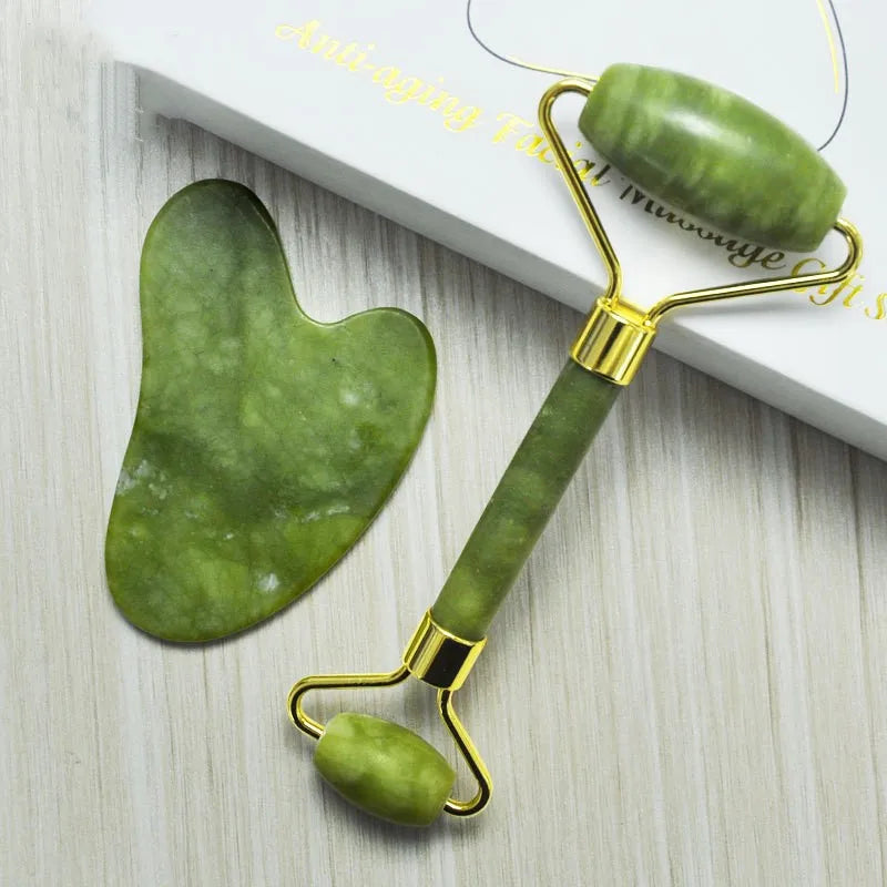 Kit  de Massagem Facial Rolo + Gua Sha de Pedra Jade