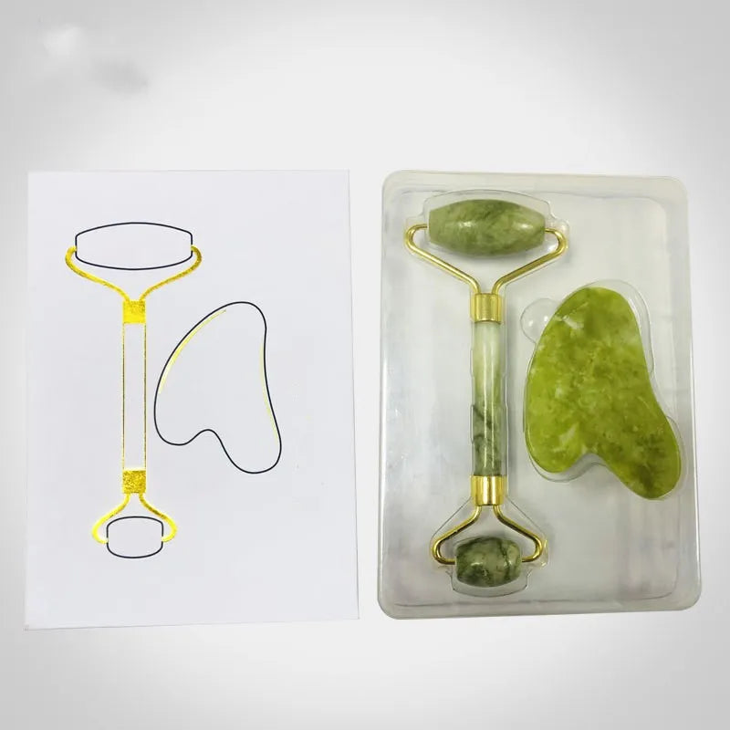 Kit  de Massagem Facial Rolo + Gua Sha de Pedra Jade