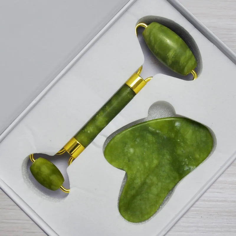 Kit  de Massagem Facial Rolo + Gua Sha de Pedra Jade